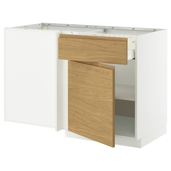 METOD / MAXIMERA corner base cab w drawer and shelf, white/Voxtorp oak effect, 128x68 cm