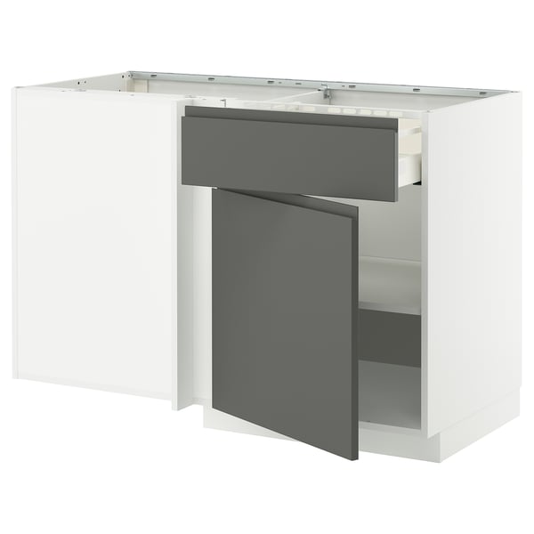 METOD / MAXIMERA corner base cab w drawer and shelf, white/Voxtorp dark grey, 128x68 cm