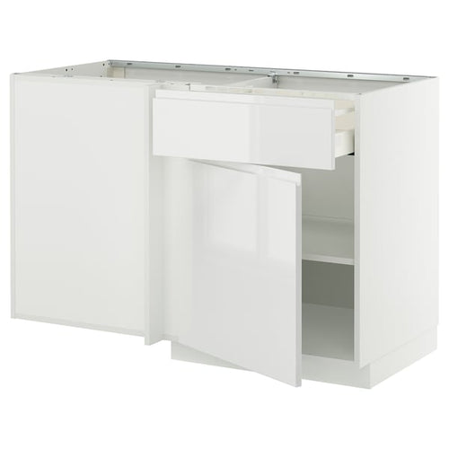 METOD / MAXIMERA - Base unit angol/drawer/top unit, white/Voxtorp glossy/white, 128x68 cm - Width: 127.5 cmDepth: 67.5 cmHeight: 88.0 cmFrame height: 80.0 cm