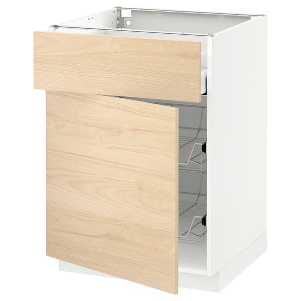 METOD / MAXIMERA base cab w wire basket/drawer/door, white/Askersund light ash effect, 60x60 cm