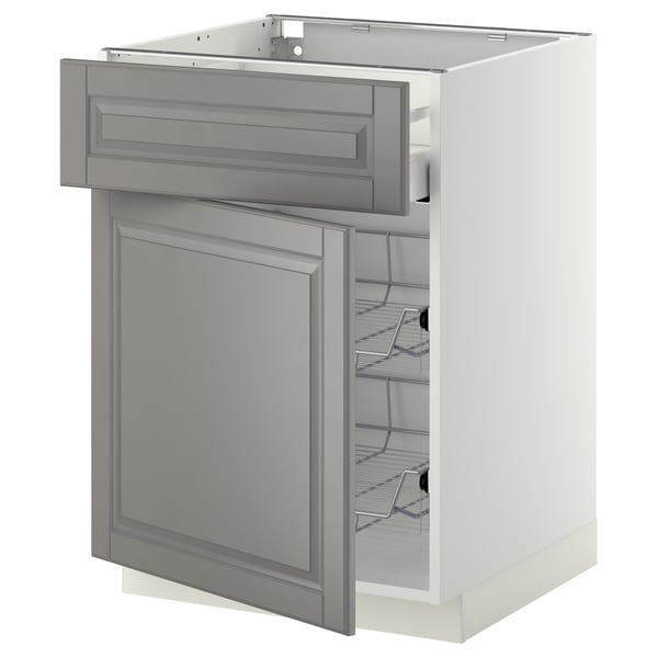 METOD / MAXIMERA - Base cab w wire basket/drawer/door, white/Bodbyn grey , 60x60 cm