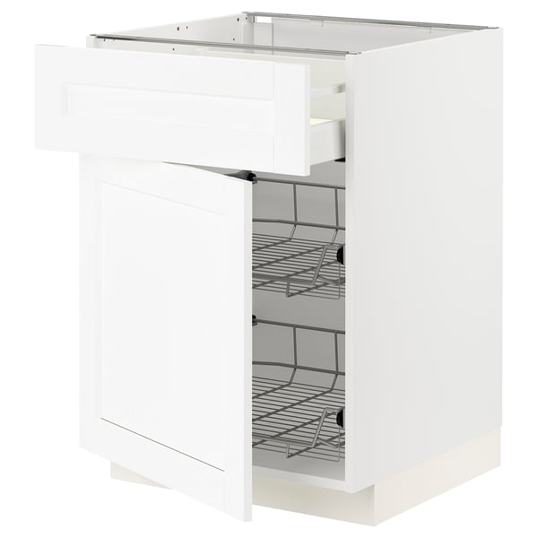 METOD / MAXIMERA base cab w wire basket/drawer/door, white Enköping/white wood effect, 60x60 cm