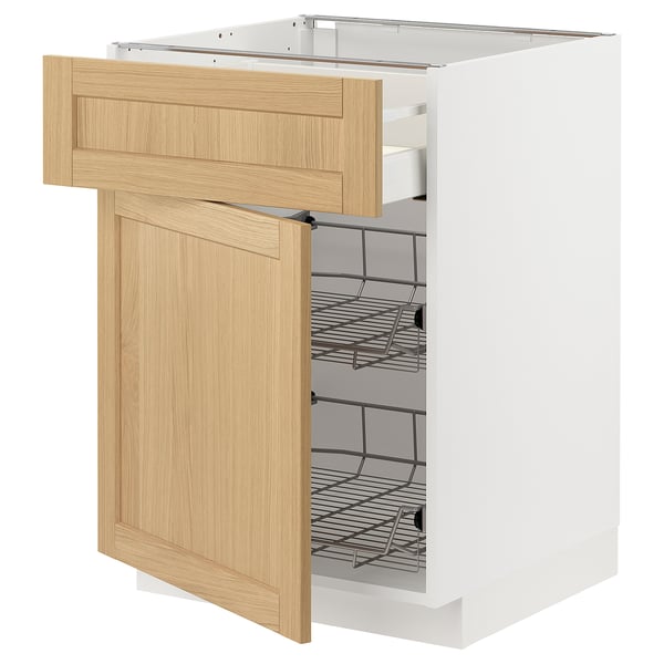 METOD / MAXIMERA base cab w wire basket/drawer/door, white/Forsbacka oak, 60x60 cm