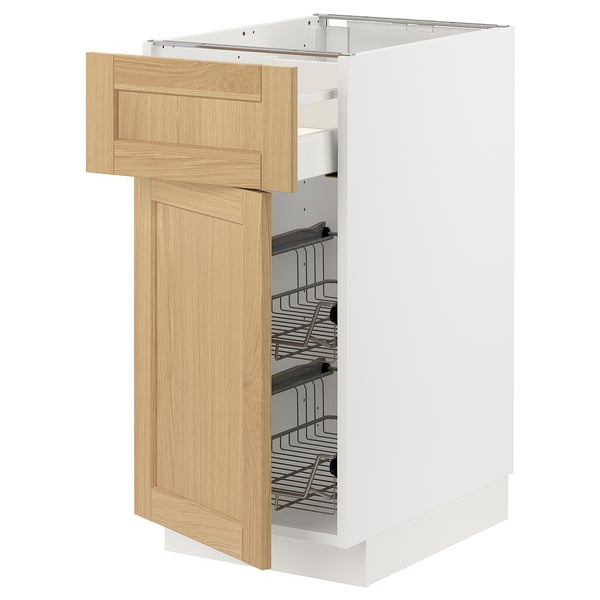 METOD / MAXIMERA base cab w wire basket/drawer/door, white/Forsbacka oak, 40x60 cm