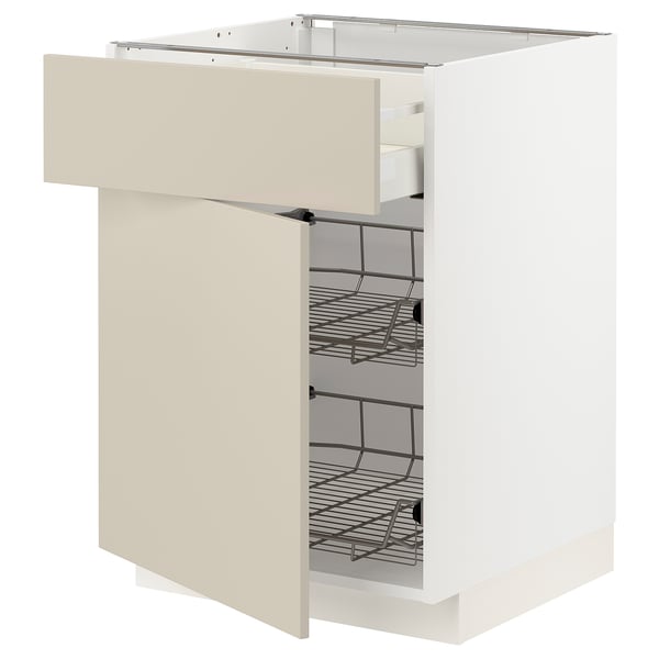 METOD / MAXIMERA base cab w wire basket/drawer/door, white/Havstorp beige, 60x60 cm