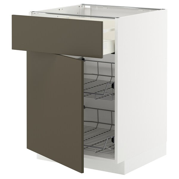 METOD / MAXIMERA - Base cab w wire basket/drawer/door, white/Havstorp brown-beige, 60x60 cm