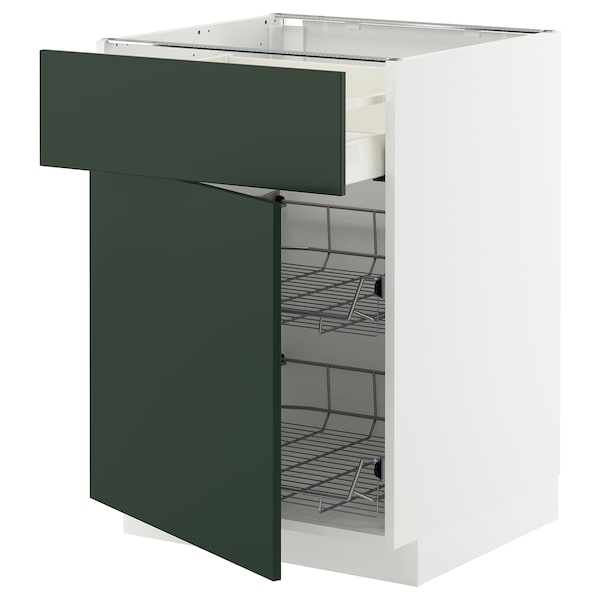 METOD / MAXIMERA - Base cab w wire basket/drawer/door, white/Havstorp deep green, 60x60 cm