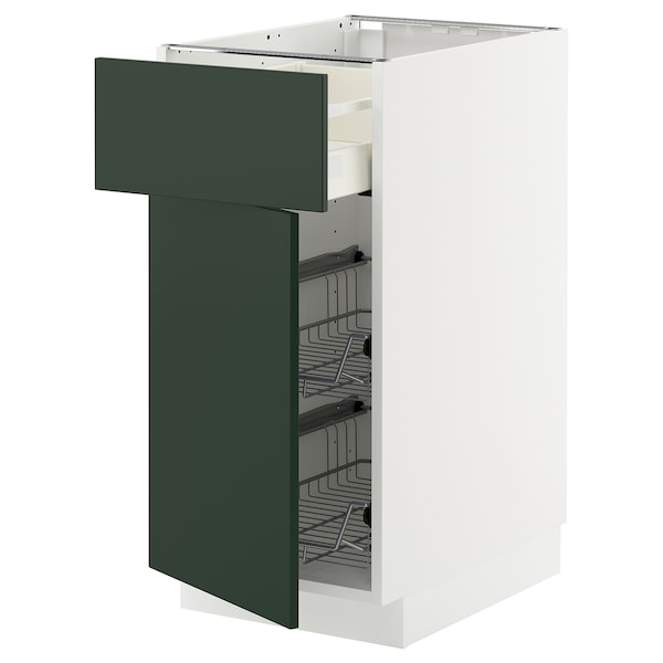 METOD / MAXIMERA - Base cab w wire basket/drawer/door, white/Havstorp deep green, 40x60 cm