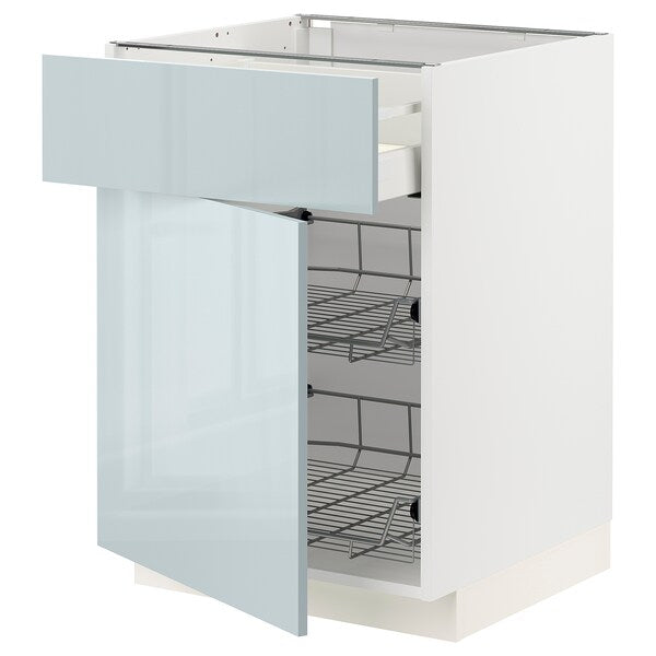 METOD / MAXIMERA - Base cab w wire basket/drawer/door, white/Kallarp light grey-blue, 60x60 cm