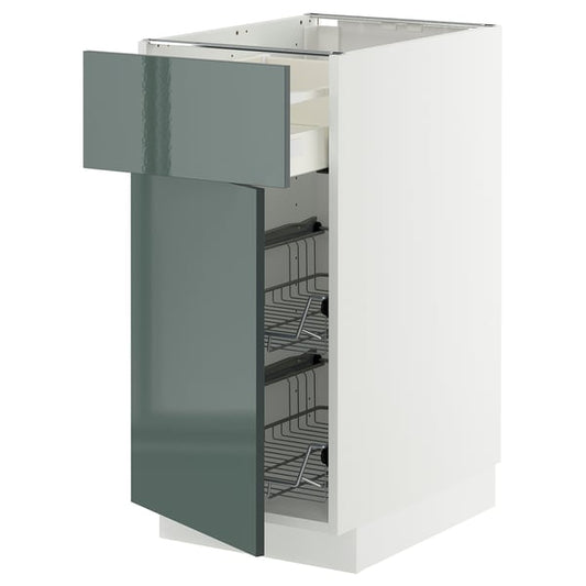 METOD / MAXIMERA - METOD / MAXIMERA Base cab w wire basket/drawer/door, white/Kallarp high-gloss dark grey-green, 40x60 cm