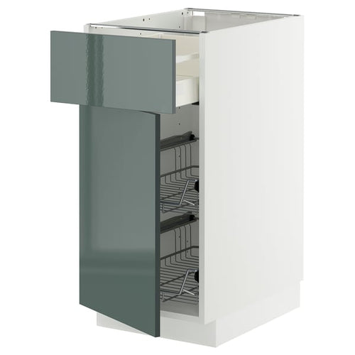 METOD / MAXIMERA base cab w wire basket/drawer/door, white/Kallarp high-gloss dark grey-green, 40x60 cm