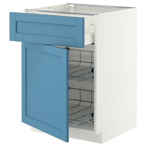 METOD / MAXIMERA base cab w wire basket/drawer/door, white/Lerhyttan blue, 60x60 cm