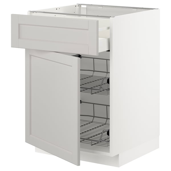 METOD / MAXIMERA base cab w wire basket/drawer/door, white/Lerhyttan light grey, 60x60 cm