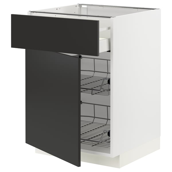 METOD / MAXIMERA - Base cab w wire basket/drawer/door, white/Nickebo matt anthracite , 60x60 cm