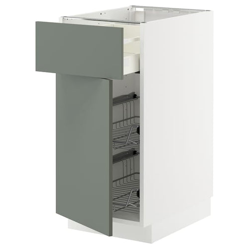 METOD / MAXIMERA base cab w wire basket/drawer/door, white/Nickebo matt grey-green, 40x60 cm