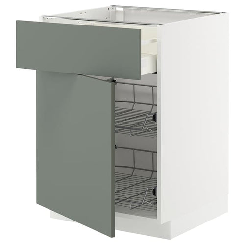 METOD / MAXIMERA base cab w wire basket/drawer/door, white/Nickebo matt grey-green, 60x60 cm