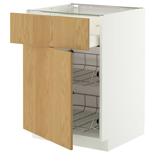 METOD / MAXIMERA base cab w wire basket/drawer/door, white/Sinarp oak veneer, 60x60 cm