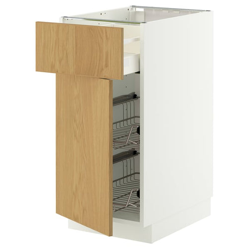 METOD / MAXIMERA base cab w wire basket/drawer/door, white/Sinarp oak veneer, 40x60 cm