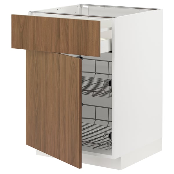 METOD / MAXIMERA base cab w wire basket/drawer/door, white/Tistorp brown walnut effect, 60x60 cm