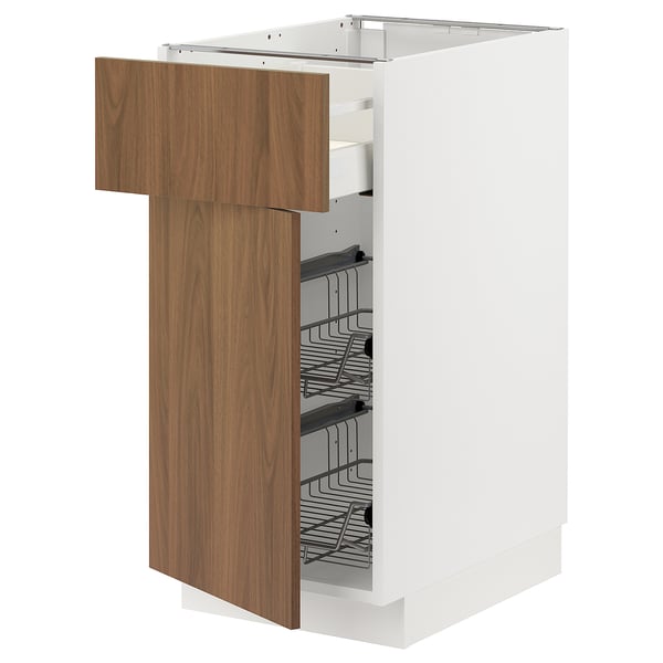 METOD / MAXIMERA base cab w wire basket/drawer/door, white/Tistorp brown walnut effect, 40x60 cm