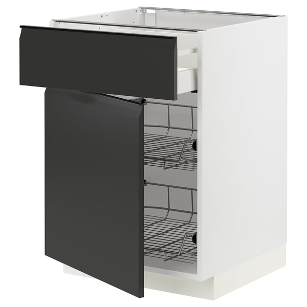 METOD / MAXIMERA - Base cab w wire basket/drawer/door, white/Upplöv matt anthracite , 60x60 cm