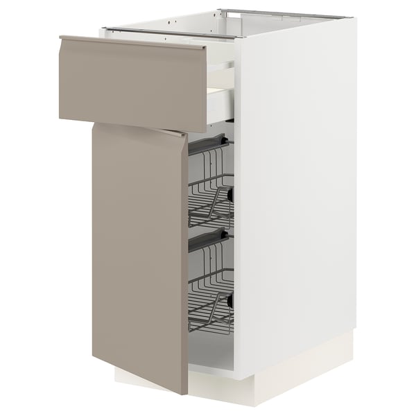 METOD / MAXIMERA base cab w wire basket/drawer/door, white/Upplöv matt dark beige, 40x60 cm
