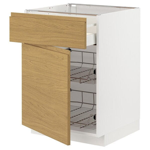 METOD / MAXIMERA base cab w wire basket/drawer/door, white/Voxtorp oak effect, 60x60 cm