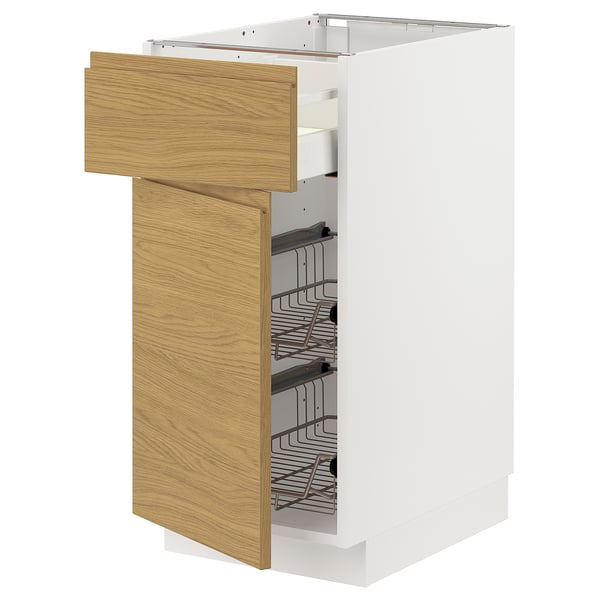 METOD / MAXIMERA - METOD / MAXIMERA Base cab w wire basket/drawer/door, white/Voxtorp oak effect, 40x60 cm