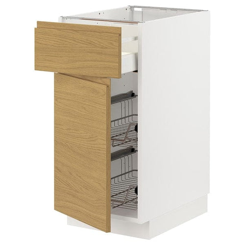 METOD / MAXIMERA base cab w wire basket/drawer/door, white/Voxtorp oak effect, 40x60 cm