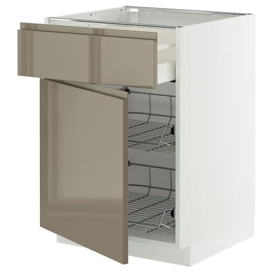 METOD / MAXIMERA - Base cab w wire basket/drawer/door, white/Voxtorp high-gloss dark grey-brown, 60x60 cm