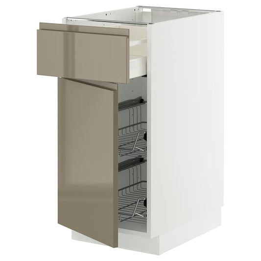 METOD / MAXIMERA - Base cab w wire basket/drawer/door, white/Voxtorp high-gloss dark grey-brown, 40x60 cm