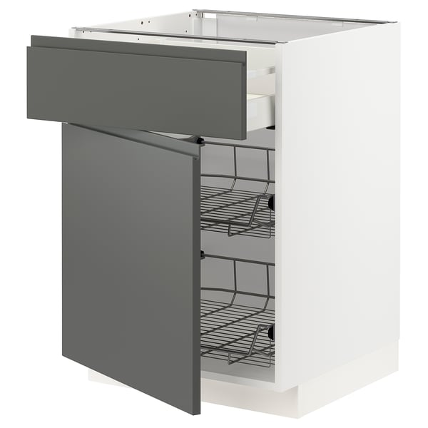METOD / MAXIMERA - Base cab w wire basket/drawer/door, white/Voxtorp dark grey , 60x60 cm