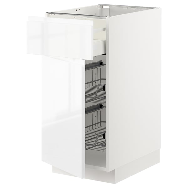 METOD / MAXIMERA base cab w wire basket/drawer/door, white/Voxtorp high-gloss/white, 40x60 cm