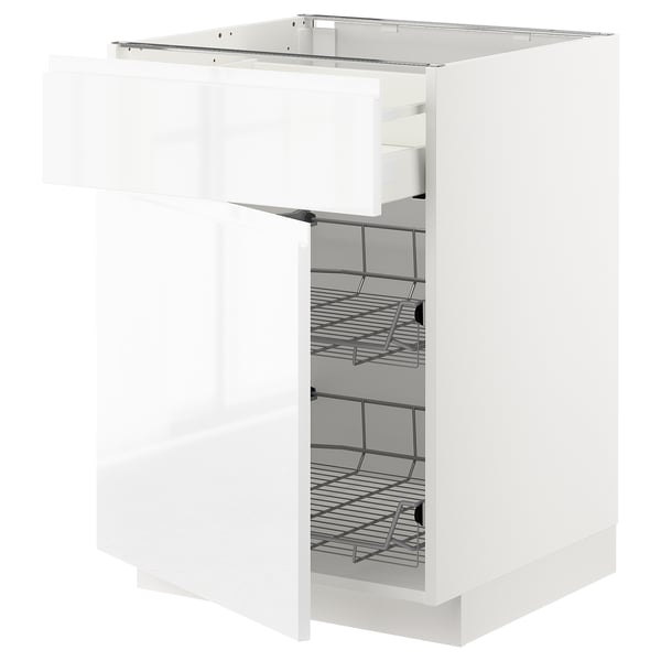 METOD / MAXIMERA base cab w wire basket/drawer/door, white/Voxtorp high-gloss/white, 60x60 cm