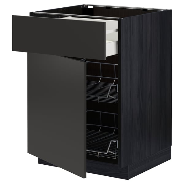 METOD / MAXIMERA - METOD / MAXIMERA Base cab w wire basket/drawer/door, black/Nickebo matt anthracite, 60x60 cm