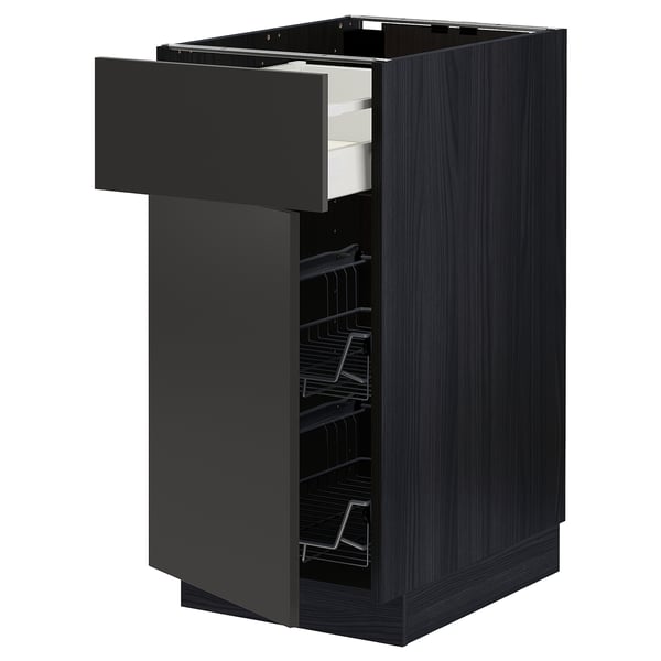 METOD / MAXIMERA base cab w wire basket/drawer/door, black/Nickebo matt anthracite, 40.0x80.0x60.0 cm