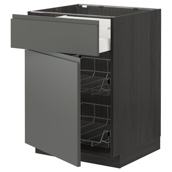 METOD / MAXIMERA base cab w wire basket/drawer/door, black/Voxtorp dark grey, 60x60 cm