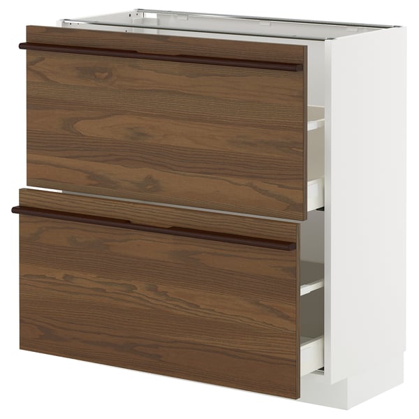 METOD / MAXIMERA base cabinet with 2 drawers, white/Stensta dark brown ash veneer, 80x37 cm