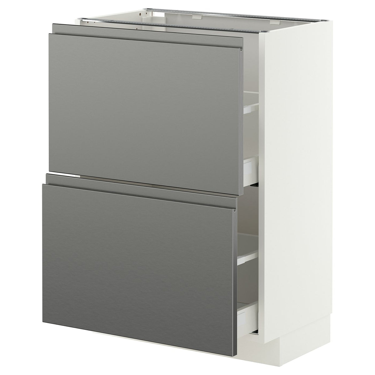 METOD / MAXIMERA base cabinet with 2 drawers, white/Voxtorp stainless steel effect, 60x37 cm
