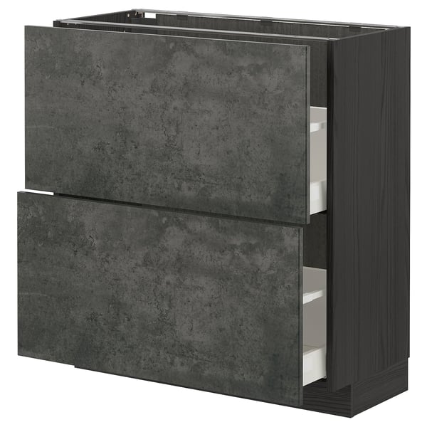 METOD / MAXIMERA base cabinet with 2 drawers, black/Kalhyttan dark grey concrete effect
