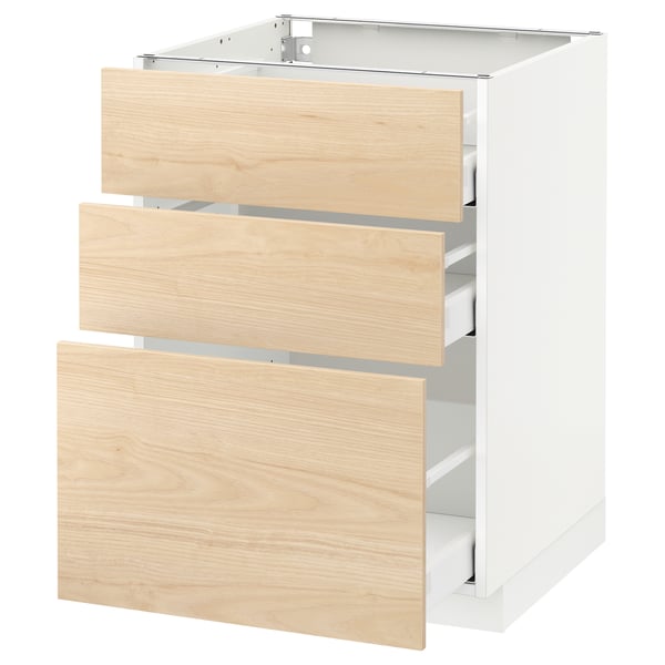 METOD / MAXIMERA base cabinet with 3 drawers, white/Askersund light ash effect, 60x60 cm