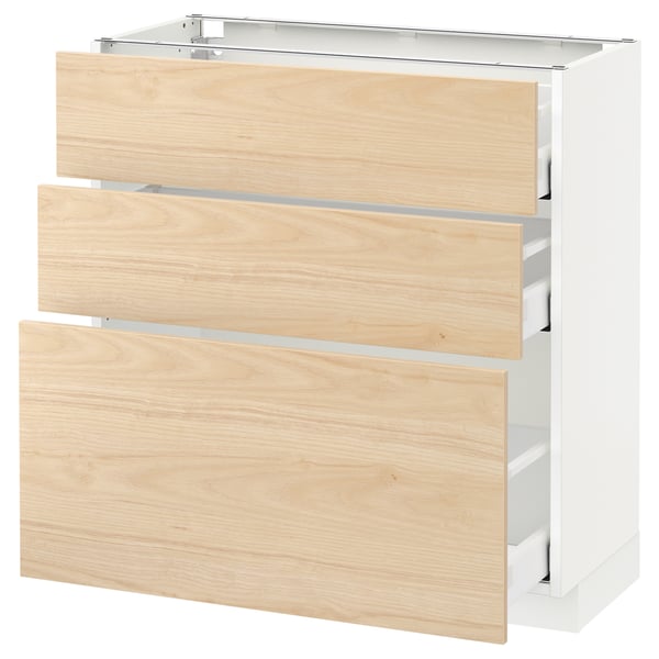 METOD / MAXIMERA base cabinet with 3 drawers, white/Askersund light ash effect, 80x37 cm