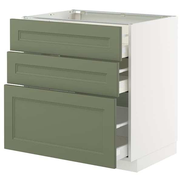 METOD / MAXIMERA - Base cabinet with 3 drawers, white/Axstad grey-green, 80x60 cm