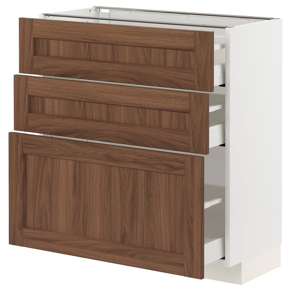METOD / MAXIMERA base cabinet with 3 drawers, white Enköping/brown walnut effect, 80x37 cm