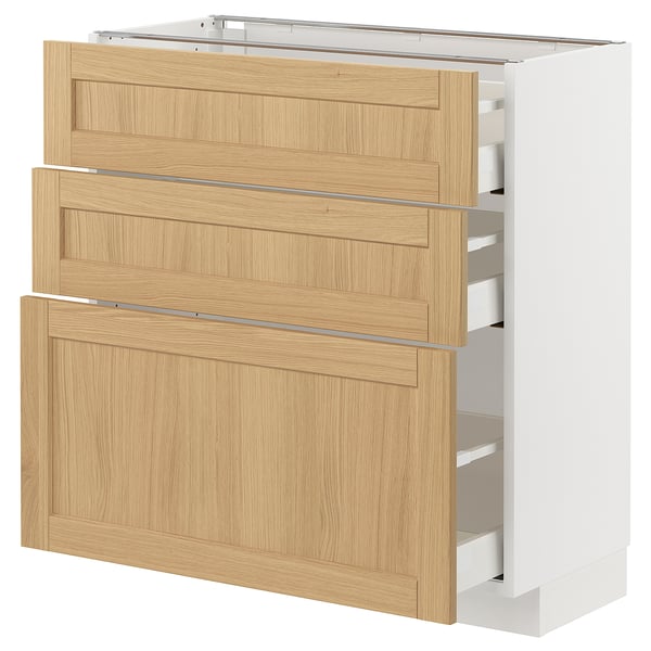 METOD / MAXIMERA - METOD / MAXIMERA Base cabinet with 3 drawers, white/Forsbacka oak, 80x37 cm