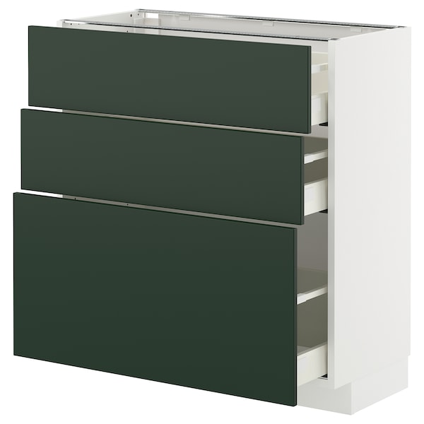 METOD / MAXIMERA - Base cabinet with 3 drawers, white/Havstorp deep green, 80x37 cm