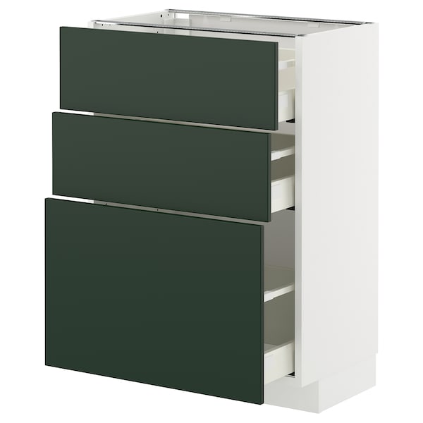 METOD / MAXIMERA - Base cabinet with 3 drawers, white/Havstorp deep green, 60x37 cm