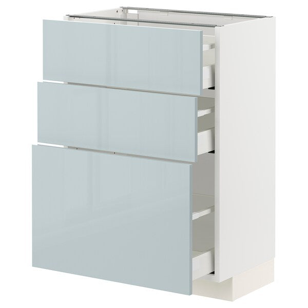 METOD / MAXIMERA - Base cabinet with 3 drawers, white/Kallarp light grey-blue, 60x37 cm