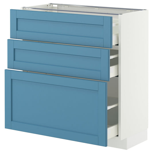 METOD / MAXIMERA base cabinet with 3 drawers, white/Lerhyttan blue, 80x37 cm