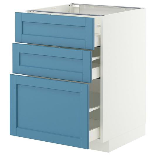 METOD / MAXIMERA base cabinet with 3 drawers, white/Lerhyttan blue, 60x60 cm